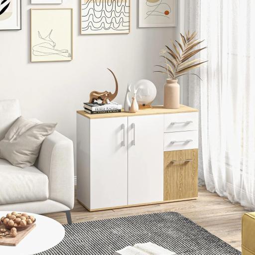 Aparador de Cocina con 2 Cajones 2 Armarios y Estantes Ajustables para Comedor 90x30x75,5 cm Blanco y Natural [5]