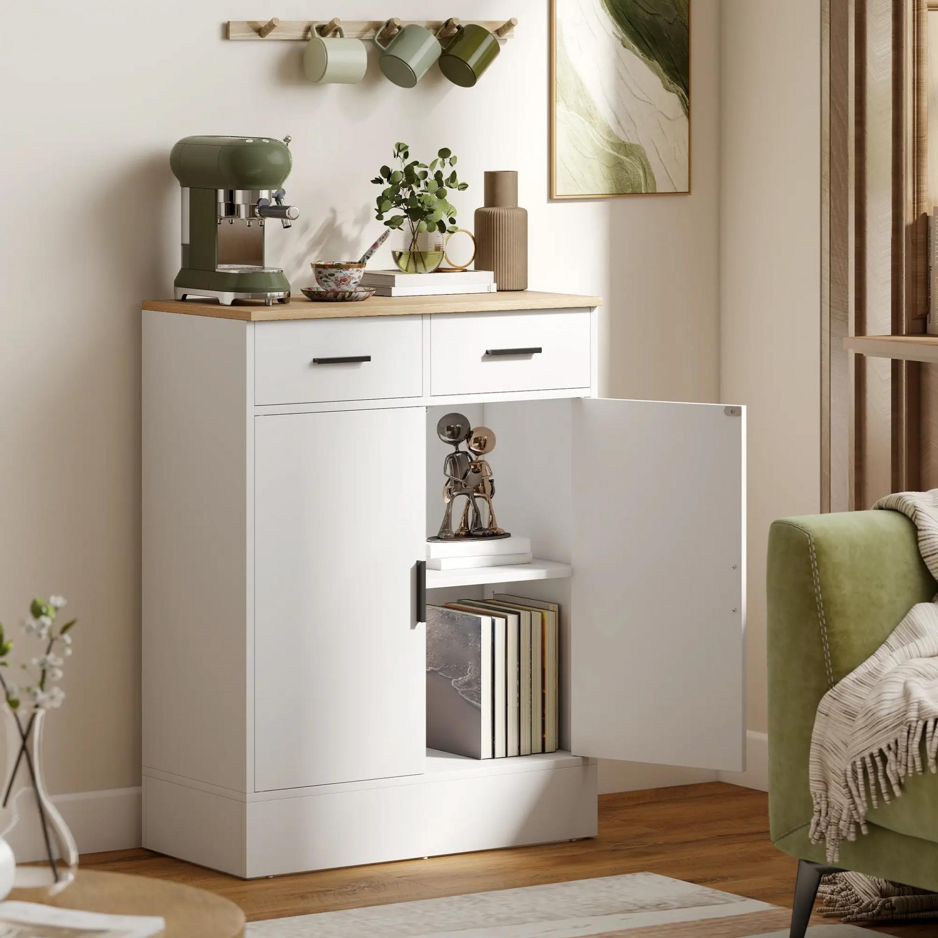 Aparador de Salón con 2 Puertas 2 Cajones y Estantes Ajustables para Cocina Entrada Dormitorio 68,6x35x90,3 cm Blanco
