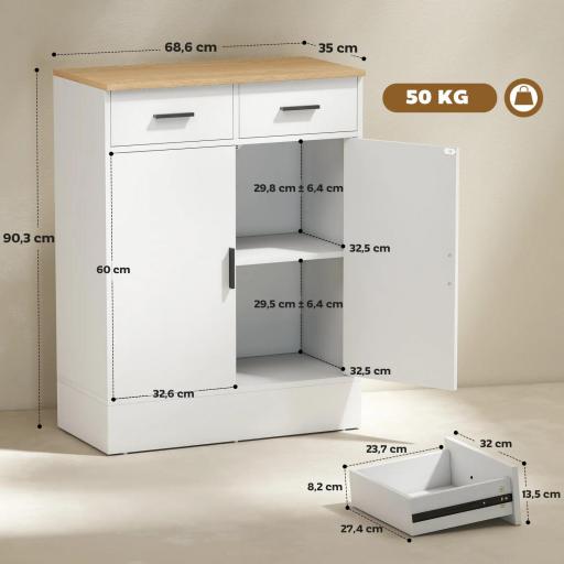 Aparador de Salón con 2 Puertas 2 Cajones y Estantes Ajustables para Cocina Entrada Dormitorio 68,6x35x90,3 cm Blanco [1]