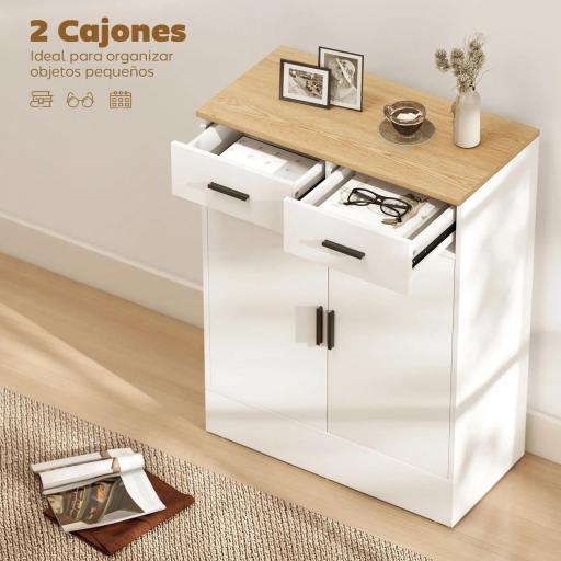 Aparador de Salón con 2 Puertas 2 Cajones y Estantes Ajustables para Cocina Entrada Dormitorio 68,6x35x90,3 cm Blanco [2]