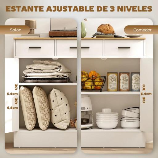 Aparador de Salón con 2 Puertas 2 Cajones y Estantes Ajustables para Cocina Entrada Dormitorio 68,6x35x90,3 cm Blanco [3]
