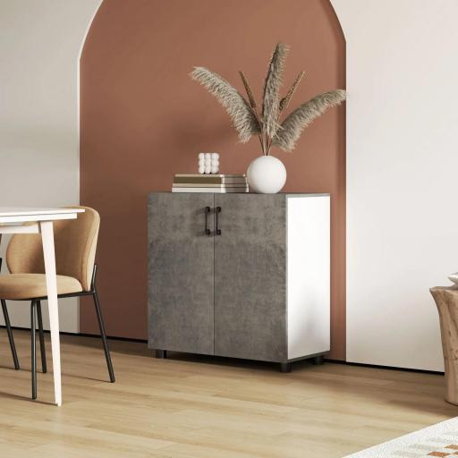 Aparador de Salón Pequeño y Moderno con Estante y Puertas de Cierre Suave 80x37x80 cm Gris Cemento y Blanco Brillo [6]