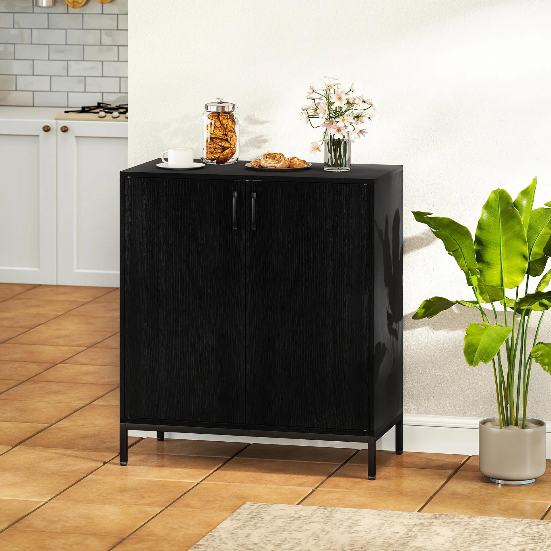 Aparador de Cocina Moderno Aparador para Salón con 2 Puertas Estante Ajustable y Base Elevada 80x40x90 cm Negro