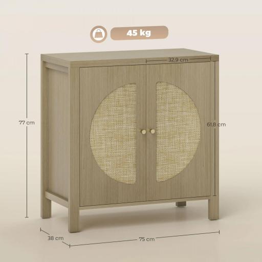 Aparador de Cocina con 2 Puertas de Ratán Estante Ajustable y 2 Tiradores 75x38x77 cm Madera Natural [1]