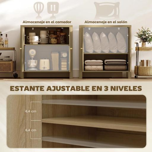 Aparador de Cocina con 2 Puertas de Ratán Estante Ajustable y 2 Tiradores 75x38x77 cm Madera Natural [3]