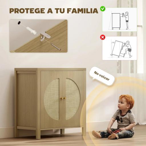 Aparador de Cocina con 2 Puertas de Ratán Estante Ajustable y 2 Tiradores 75x38x77 cm Madera Natural [4]
