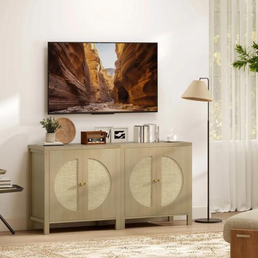 Aparador de Cocina con 2 Puertas de Ratán Estante Ajustable y 2 Tiradores 75x38x77 cm Madera Natural [5]