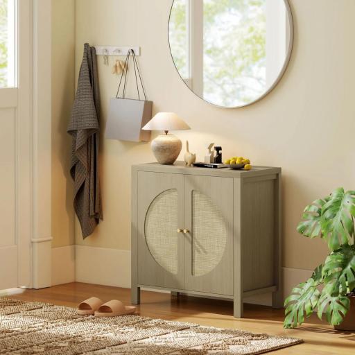 Aparador de Cocina con 2 Puertas de Ratán Estante Ajustable y 2 Tiradores 75x38x77 cm Madera Natural [6]