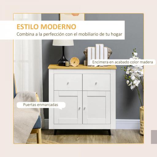 Aparador de Cocina Buffet Auxiliar de Comedor con Puertas Dobles y 2 Cajones para Salón Entrada 78x35x80 cm Blanco [4]