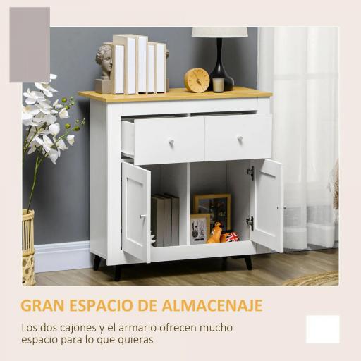 Aparador de Cocina Buffet Auxiliar de Comedor con Puertas Dobles y 2 Cajones para Salón Entrada 78x35x80 cm Blanco [2]