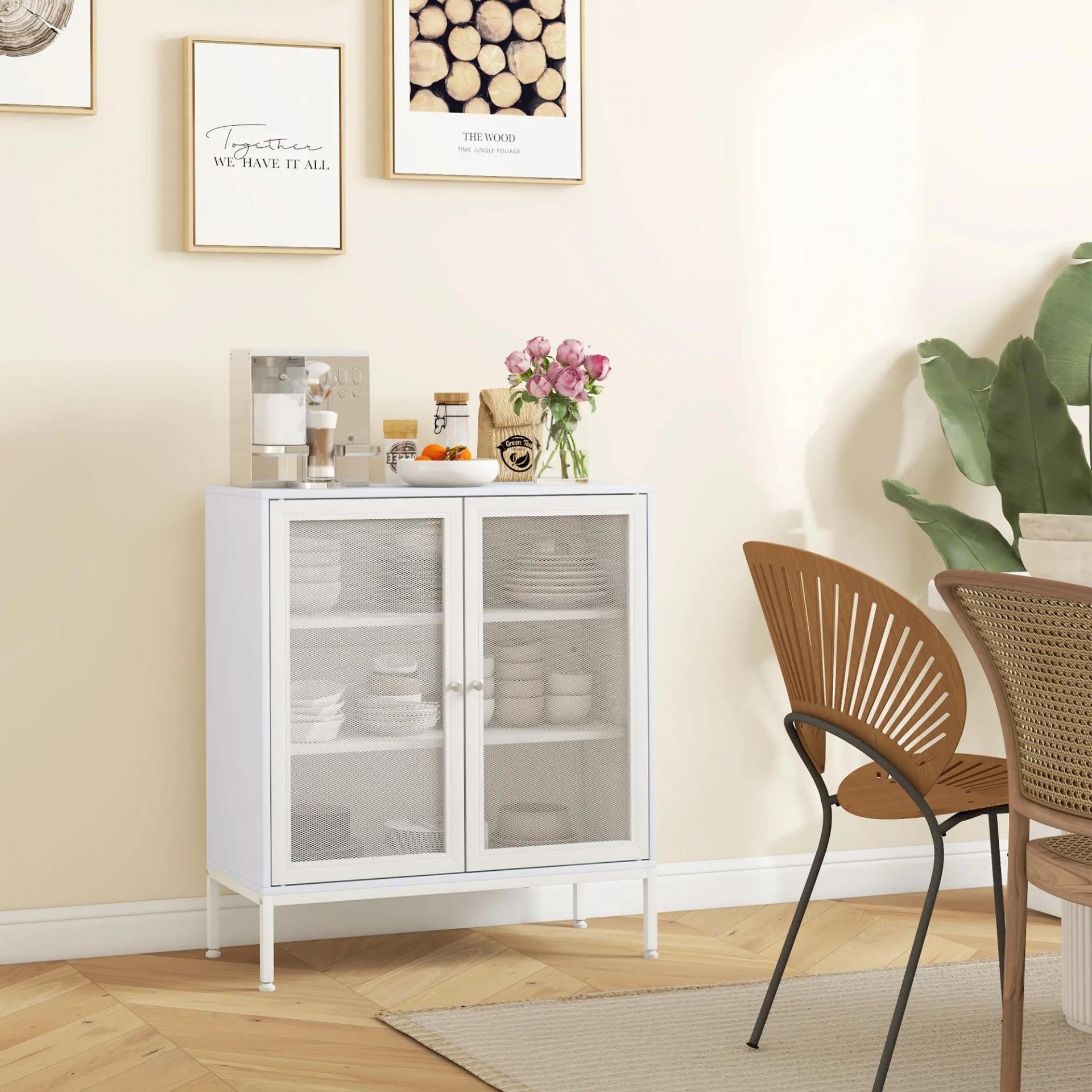 Aparador con 3 Estantes Mueble Auxiliar con Puertas de Rejilla Metálica y Estante Ajustable 80x37x92 cm Blanco