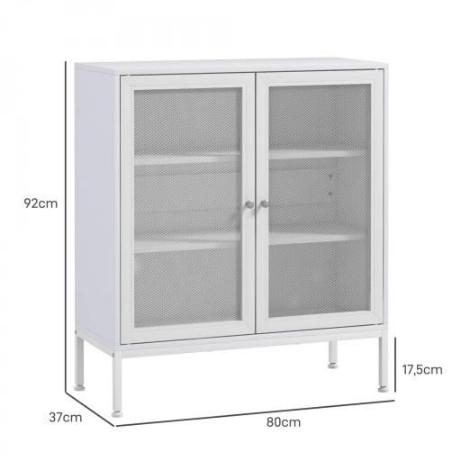 Aparador con 3 Estantes Mueble Auxiliar con Puertas de Rejilla Metálica y Estante Ajustable 80x37x92 cm Blanco [1]