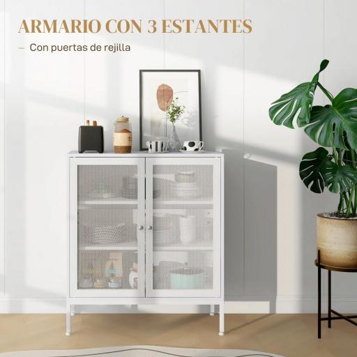 Aparador con 3 Estantes Mueble Auxiliar con Puertas de Rejilla Metálica y Estante Ajustable 80x37x92 cm Blanco [2]
