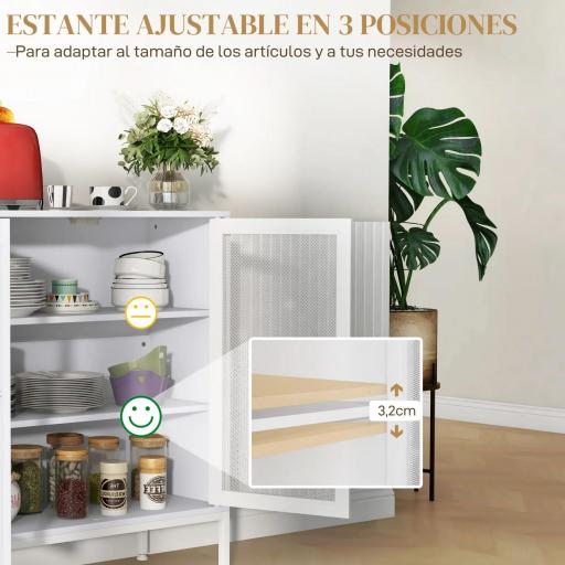 Aparador con 3 Estantes Mueble Auxiliar con Puertas de Rejilla Metálica y Estante Ajustable 80x37x92 cm Blanco [3]
