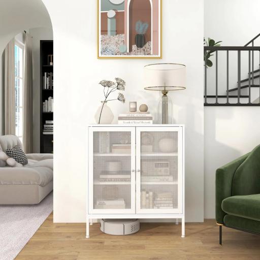 Aparador con 3 Estantes Mueble Auxiliar con Puertas de Rejilla Metálica y Estante Ajustable 80x37x92 cm Blanco [6]