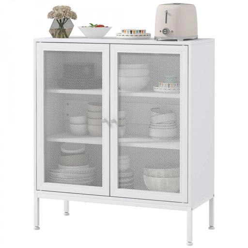Aparador con 3 Estantes Mueble Auxiliar con Puertas de Rejilla Metálica y Estante Ajustable 80x37x92 cm Blanco [9]
