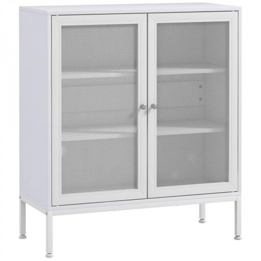 Aparador con 3 Estantes Mueble Auxiliar con Puertas de Rejilla Metálica y Estante Ajustable 80x37x92 cm Blanco [8]