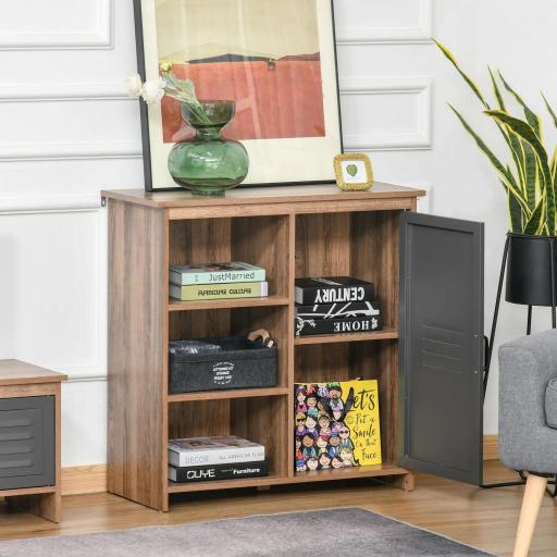 Aparador con Puerta de Metal Mueble Auxiliar con 3 Estantes Abiertos y Armario con Puerta y Balda Ajustable para Salón Cocina 80x35x82 cm Madera Natural [2]