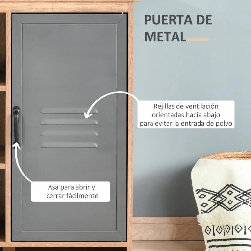 Aparador con Puerta de Metal Mueble Auxiliar con 3 Estantes Abiertos y Armario con Puerta y Balda Ajustable para Salón Cocina 80x35x82 cm Madera Natural [5]