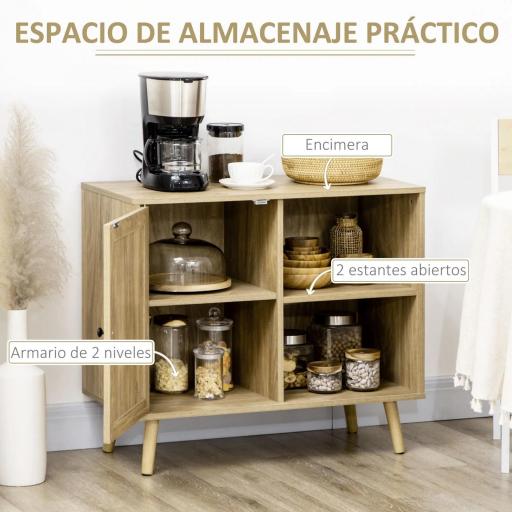 Aparador Mueble Auxiliar de Cocina con Puerta de Ratán y 2 Estantes de Almacenaje para Salón 80x39x70 cm Natural [2]