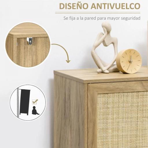 Aparador Mueble Auxiliar de Cocina con Puerta de Ratán y 2 Estantes de Almacenaje para Salón 80x39x70 cm Natural [4]