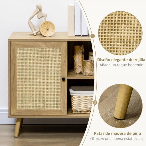 Aparador Mueble Auxiliar de Cocina con Puerta de Ratán y 2 Estantes de Almacenaje para Salón 80x39x70 cm Natural [5]