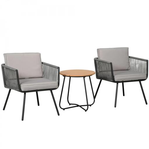 Conjunto de Muebles de Jardín de Ratán 3 Piezas Incluye 1 Mesa y 2 Sillones con Cojines Acolchados Gris [8]