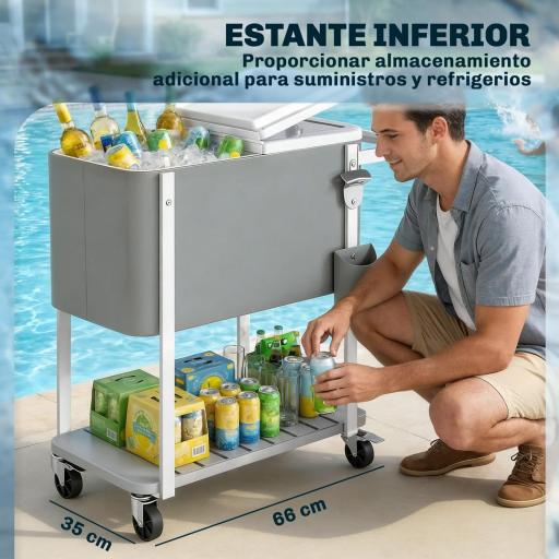 Carrito Nevera de 56L con Ruedas Estante Abrebotellas Recogetapas Drenaje y Asa para Patio Fiesta 84x38x83 cm Gris [4]
