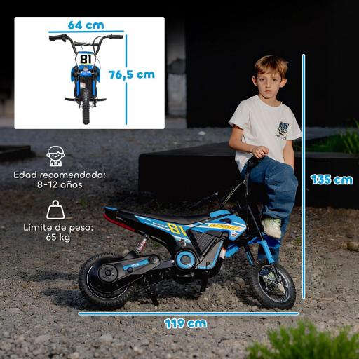 Moto Eléctrica para Niños 24V con Motor 250W Velocidad de 6-16km/h Ruedas de 12'' para Niños de 8-12 Años Azul [1]