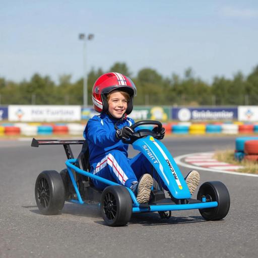 Kart eléctrico 24V para conducir y derrapar, ruedas de nylon, cinturón de seguridad, claxon, música para 8-12 años Azul