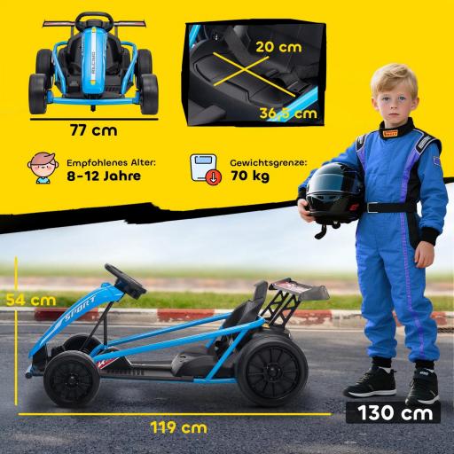Kart eléctrico 24V para conducir y derrapar, ruedas de nylon, cinturón de seguridad, claxon, música para 8-12 años Azul [3]