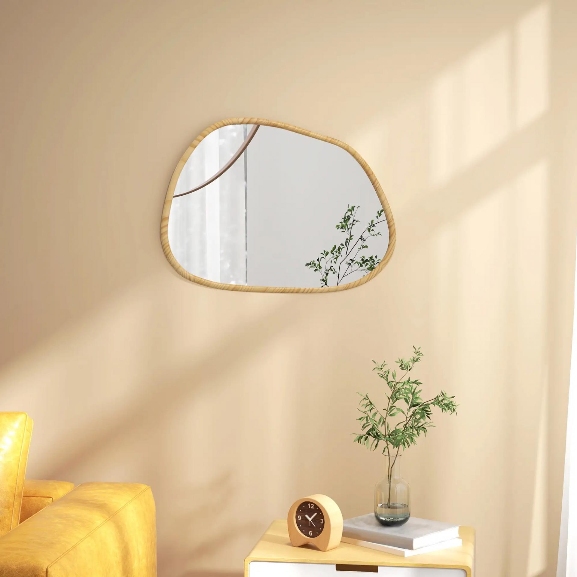 Espejo de Pared Decorativo 70x50 cm con Forma Irregular y Marco de Madera Horizontal o Vertical Natural