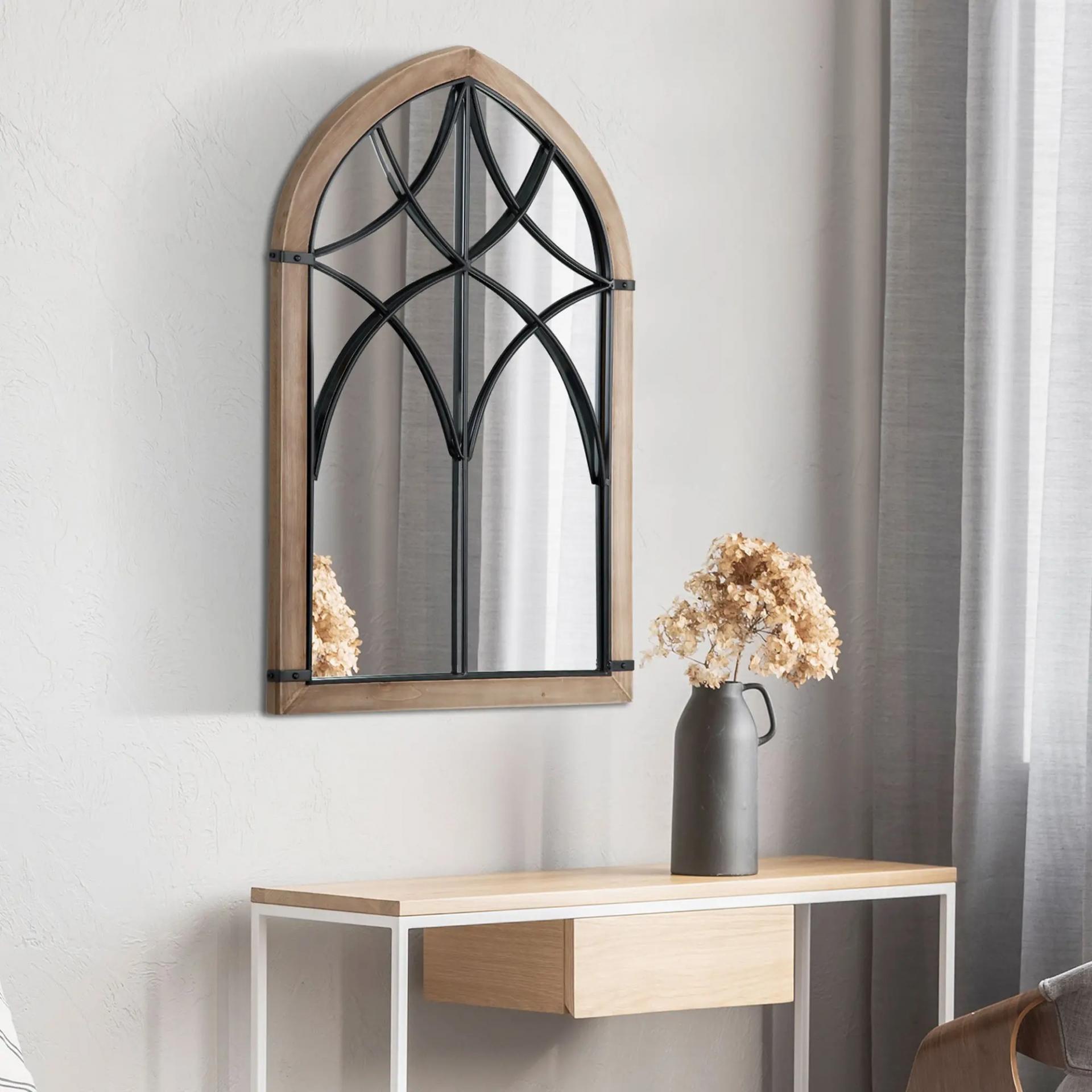 Espejo Decorativo de Pared de Madera 93x60 cm Espejo de Ventana con 2 Ganchos Estilo Vintage para Salón Dormitorio Comedor Entrada Marrón