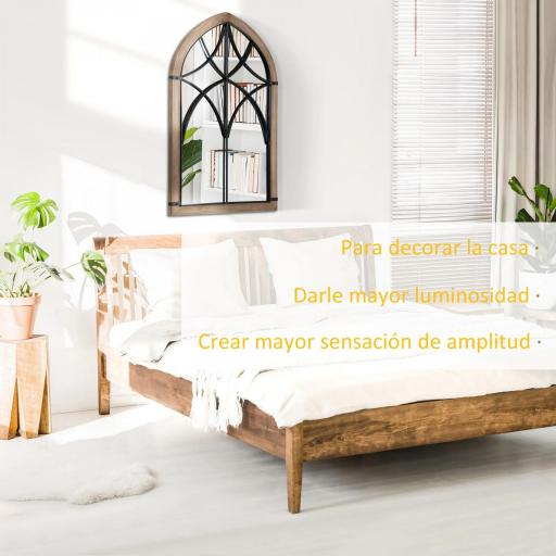 Espejo Decorativo de Pared de Madera 93x60 cm Espejo de Ventana con 2 Ganchos Estilo Vintage para Salón Dormitorio Comedor Entrada Marrón [2]