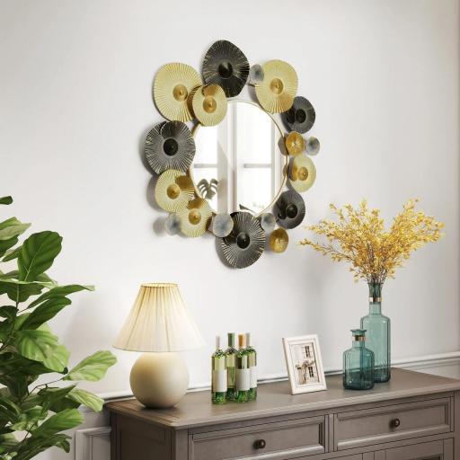 Adorno de Pared Metálico con Espejo Decorativo para Salón Dormitorio Pasillo 84x84 cm Dorado y Negro