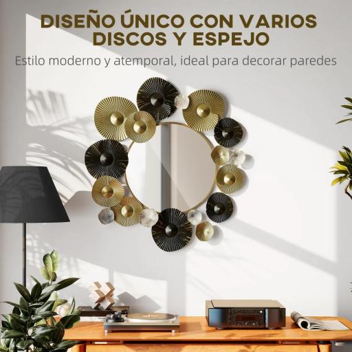 Adorno de Pared Metálico con Espejo Decorativo para Salón Dormitorio Pasillo 84x84 cm Dorado y Negro [2]
