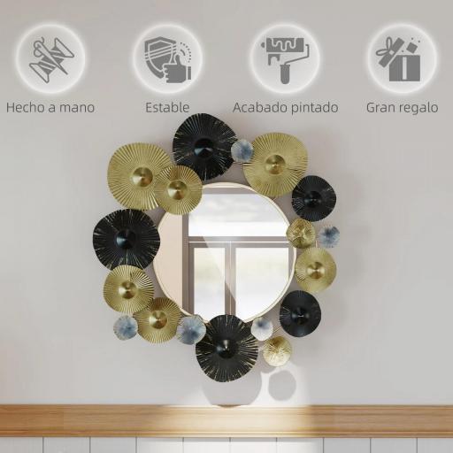 Adorno de Pared Metálico con Espejo Decorativo para Salón Dormitorio Pasillo 84x84 cm Dorado y Negro [3]