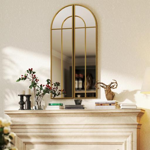 Espejo de Pared Dorado Espejo Decorativo con Diseño en Arco y 2 Piezas 30x120 cm Reflejos Claros y Fácil Instalación