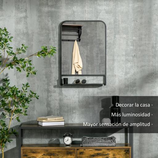 Espejo Decorativo de Pared 50x70 cm Espejo de Metal con Estante para Salón Entrada Estilo Moderno Negro [3]