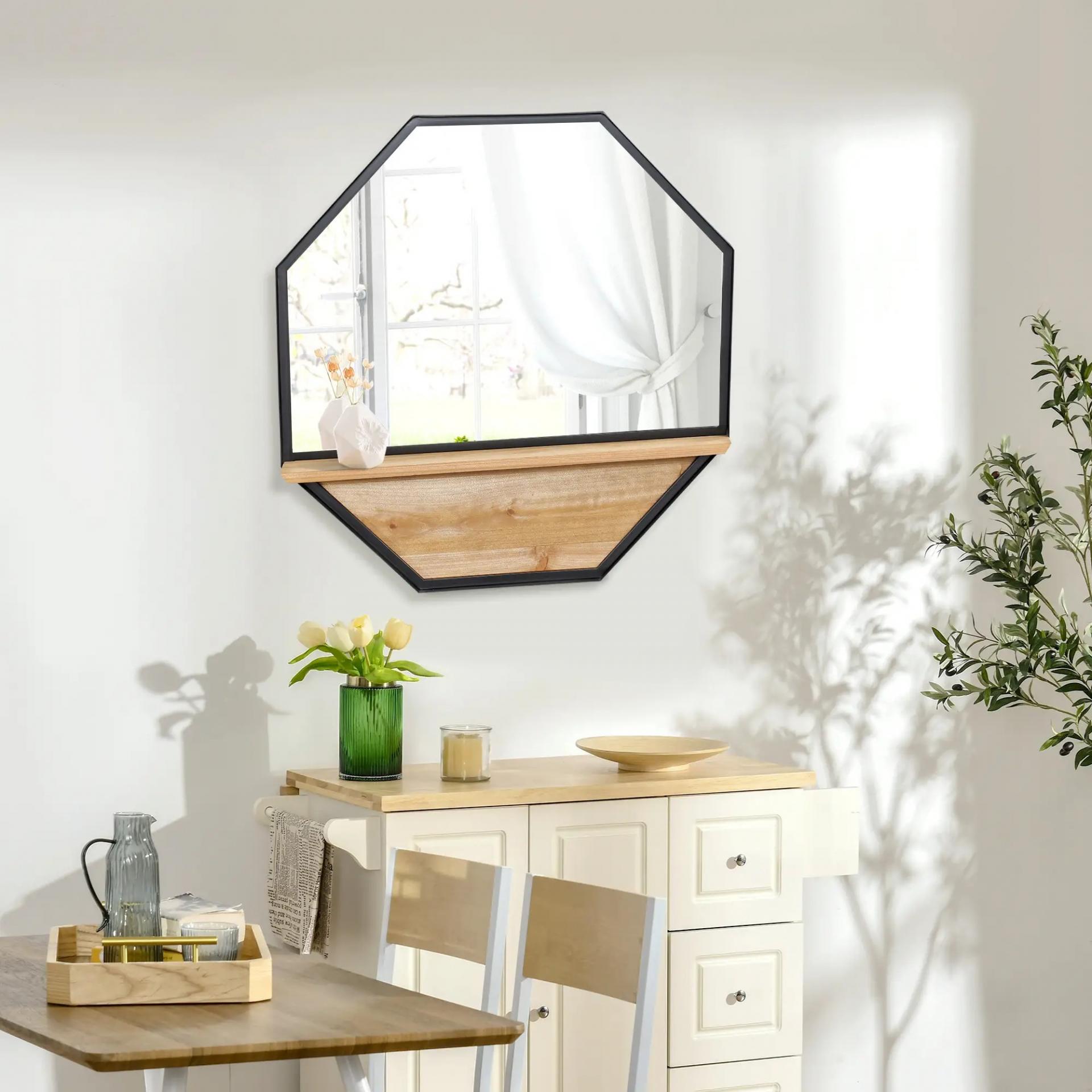 Espejo Decorativo de Pared 61x61 cm Espejo Octágono con Estante para Salón Dormitorio Entrada Negro