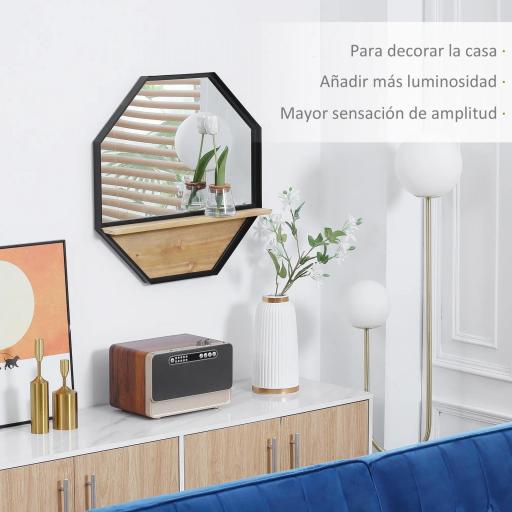 Espejo Decorativo de Pared 61x61 cm Espejo Octágono con Estante para Salón Dormitorio Entrada Negro [2]