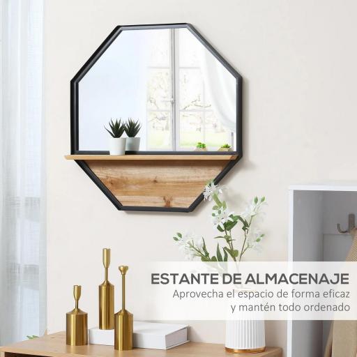 Espejo Decorativo de Pared 61x61 cm Espejo Octágono con Estante para Salón Dormitorio Entrada Negro [3]