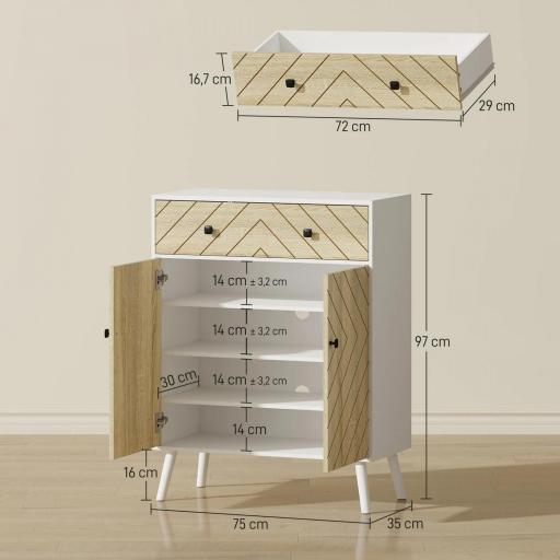 Zapatero Entrada Recibidor con 2 Puertas Estantes Ajustables Cajón para 12 Pares de Zapatos 75x35x97 cm Blanco y Natural [1]
