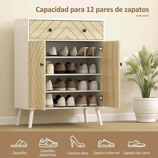 Zapatero Entrada Recibidor con 2 Puertas Estantes Ajustables Cajón para 12 Pares de Zapatos 75x35x97 cm Blanco y Natural [3]
