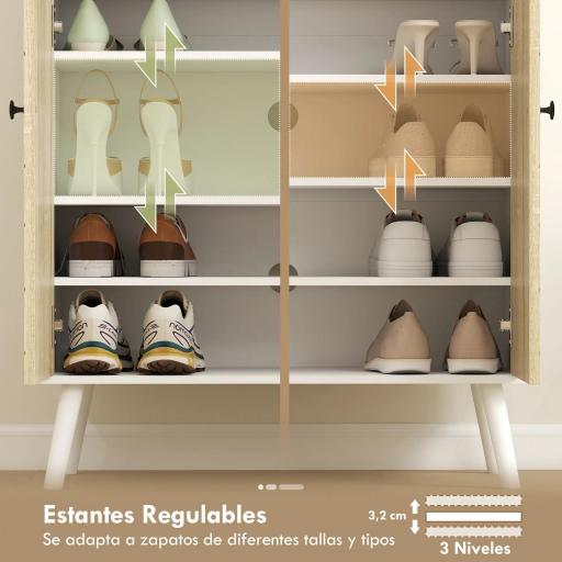 Zapatero Entrada Recibidor con 2 Puertas Estantes Ajustables Cajón para 12 Pares de Zapatos 75x35x97 cm Blanco y Natural [2]
