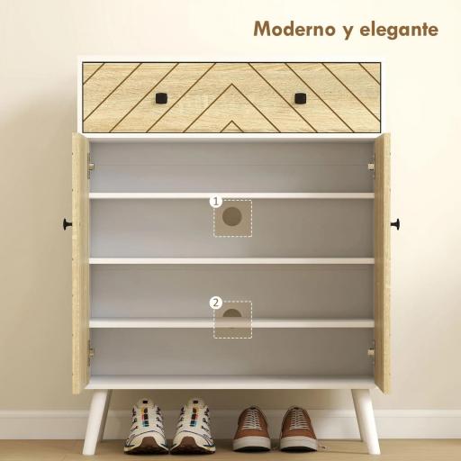Zapatero Entrada Recibidor con 2 Puertas Estantes Ajustables Cajón para 12 Pares de Zapatos 75x35x97 cm Blanco y Natural [4]