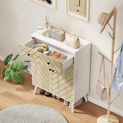 Zapatero Entrada Recibidor con 2 Puertas Estantes Ajustables Cajón para 12 Pares de Zapatos 75x35x97 cm Blanco y Natural [7]