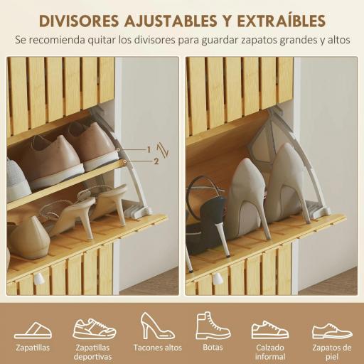 Zapatero Estrecho con 3 Puertas de Bambú con Listones Estantes Ajustables para 18 Pares de Zapatos Blanco y Natural [4]