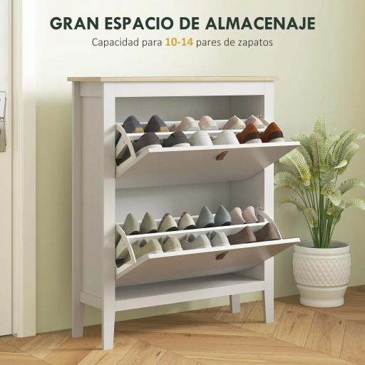 Zapatero Estrecho con 2 Compartimentos y Tiradores de Cuero PU para Pasillos y Recibidores 80x24x95,5 cm Blanco y Madera [2]
