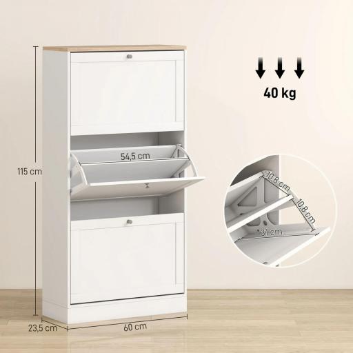 Mueble Zapatero Moderno con 3 Cajones Abatibles y Estantes Ajustables para 18 Pares de Zapatos 60x23,5x115 cm Blanco [1]